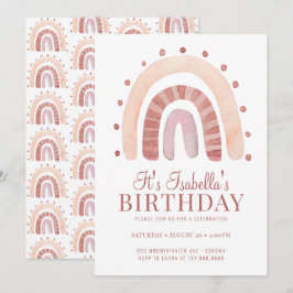 Boho Rosy Rosa Brown Rainbow Barn Födelsedagsfest Inbjudningar