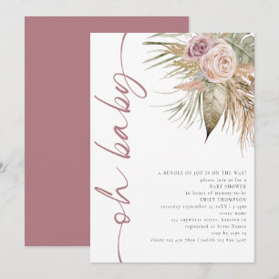 Boho Roterade skriptpampas Rosa Oh Baby Shower Inbjudningar
