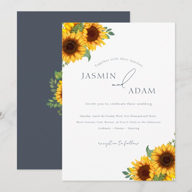 Boho Royal Blue Opulence Sunblommblommor Bröllop Inbjudningar (Fram/baksida)