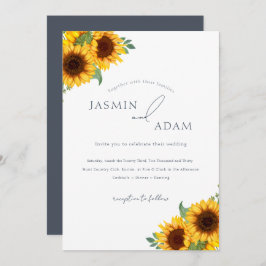Boho Royal Blue Opulence Sunblommblommor Bröllop Inbjudningar