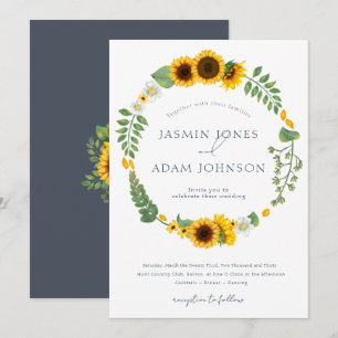 Boho Royal Blue Opulence Sunblommblommor Bröllop Inbjudningar