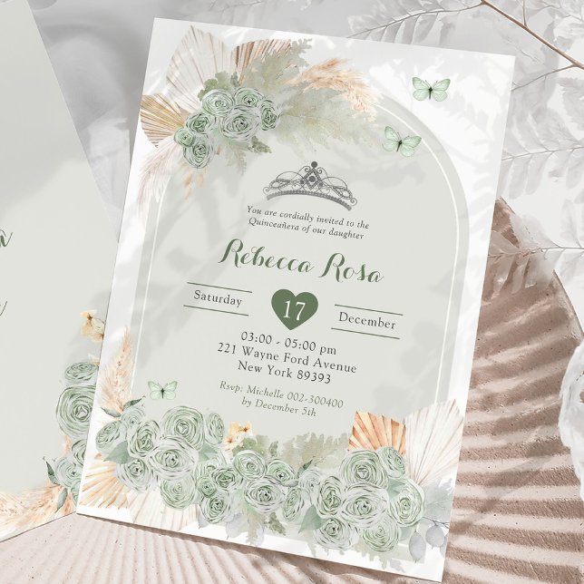 Boho Royal Krona Sage Grönt Princess Quinceañera Inbjudningar (Skapare uppladdad)