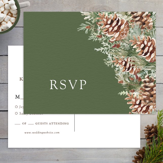 Boho RSVP Bröllopskort Vykort (Green Boho Pinecone Evergreen RSVP Wedding Postcard by Painted Paperie
)