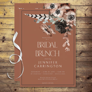 Boho Rust Black & White Flowers Möhippa Brunch Inbjudningar