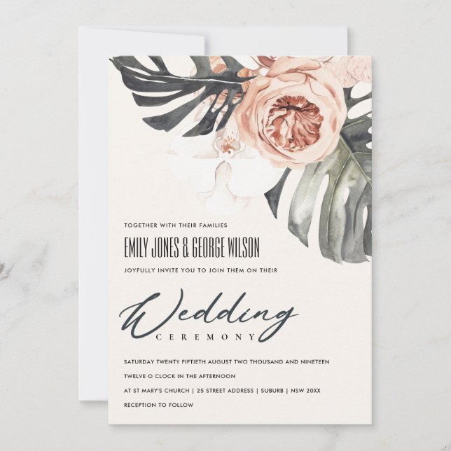 BOHO RUST BLOMMIGT MONSTRERA LÖV WEDDING INVITE TACK KORT (Framsida)