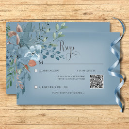 Boho Rust & Blue Blommigt Bröllop Blue QR-kod OSA Kort