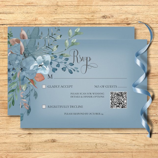 Boho Rust & Blue Blommigt Bröllop Blue QR-kod OSA Kort (Boho Rust & Blue Floral Wedding Blue QR Code RSVP Card)