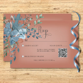 Boho Rust & Blue Blommigt Bröllop Rust QR-kod OSA Kort