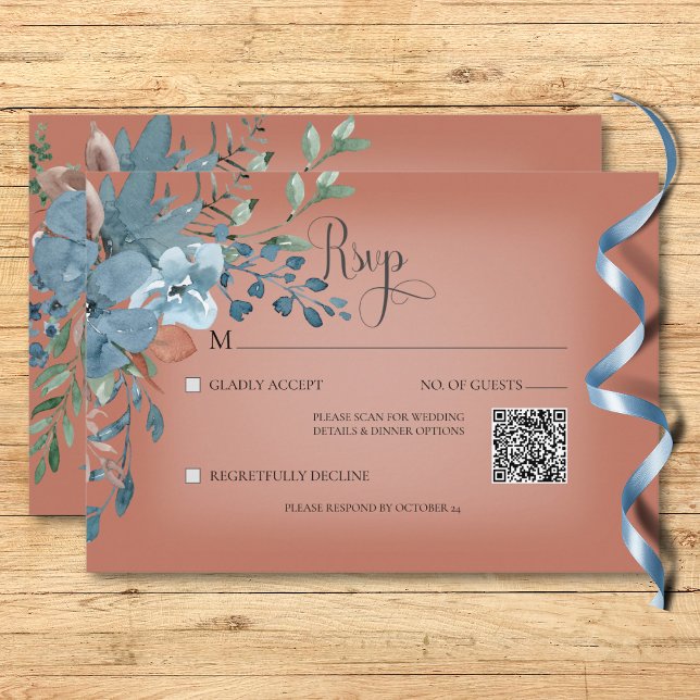 Boho Rust & Blue Blommigt Bröllop Rust QR-kod OSA Kort (Boho Rust & Blue Floral Wedding Rust QR Code RSVP Card)