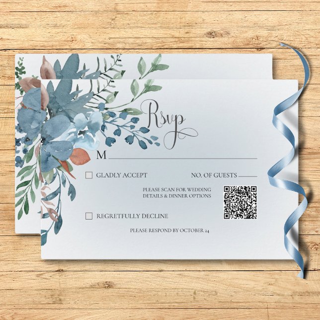 Boho Rust & Blue Blommigt Bröllop White QR-kod OSA Kort (Boho Rust & Blue Floral Wedding White QR Code RSVP Card)