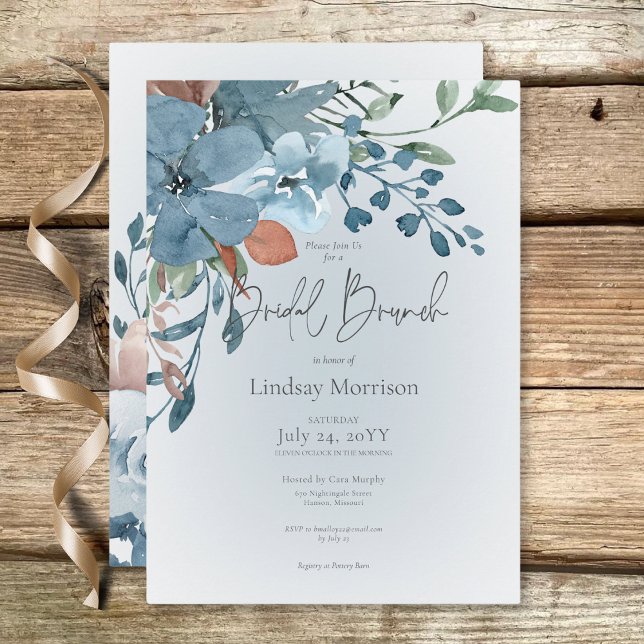 Boho Rust & Blue Blommigt on White Möhippa Brunch Inbjudningar (Boho Rust & Blue Floral on White Bridal Brunch Invitation)