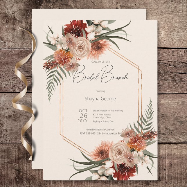 Boho Rust & Cream Fall Blommigt Möhippa Brunch Inbjudningar (Boho Rust & Cream Fall Floral Bridal Brunch Invitation)