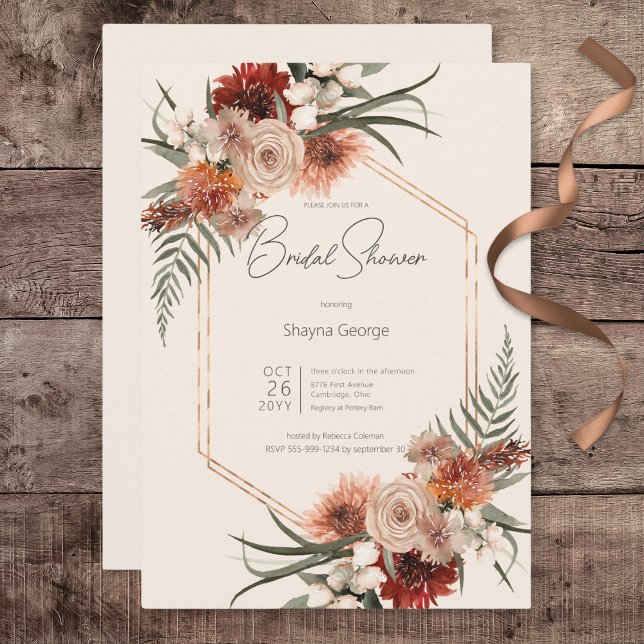 Boho Rust & Cream Fall Blommigt Möhippa Inbjudningar (Boho Rust & Cream Fall Floral Bridal Shower Invitation)