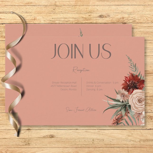 Boho Rust & Cream Fall Blommigt Peach Rust Recept Tilläggskort (Boho Rust & Cream Fall Floral Peach Rust Reception Enclosure Card)