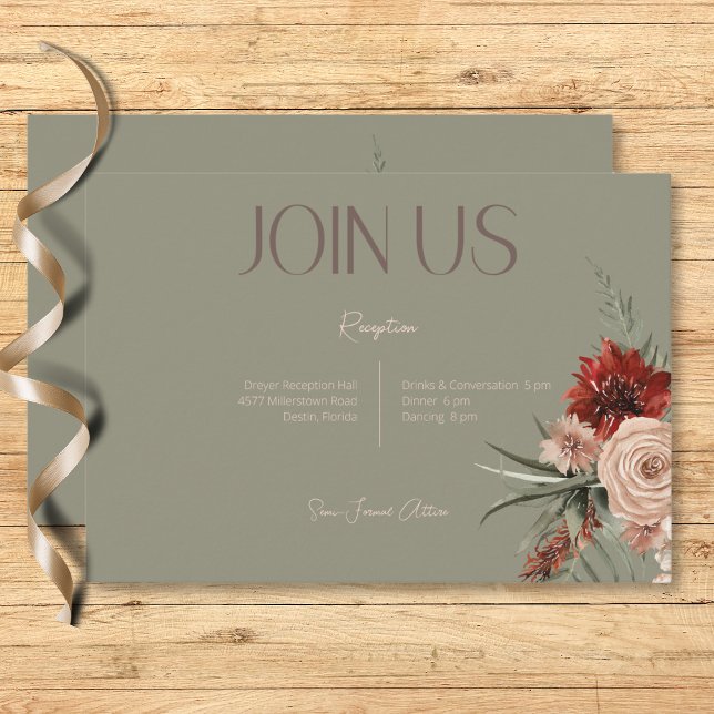 Boho Rust & Cream Fall Blommigt Sage Grönt Recept Tilläggskort (Boho Rust & Cream Fall Floral Sage Green Reception Enclosure Card)