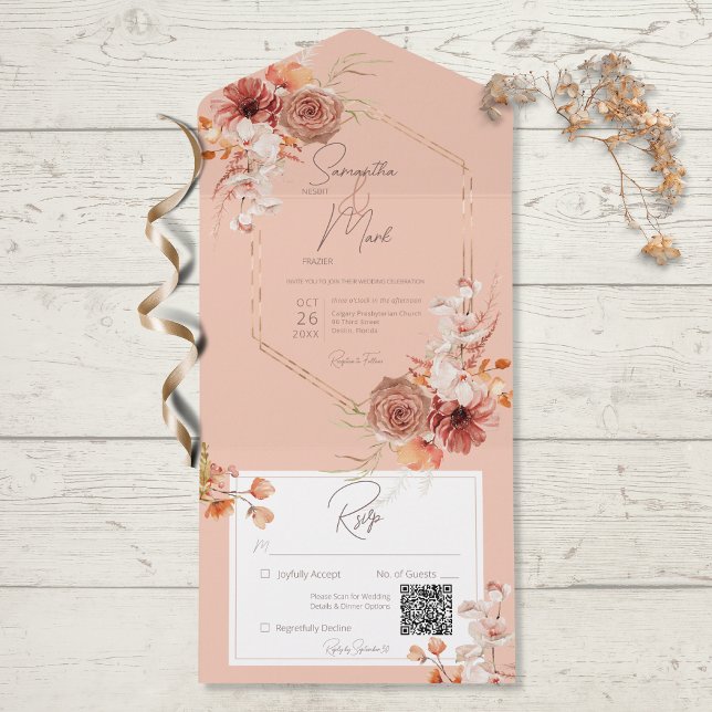 Boho Rust Fall Blommigt på Peach QR-kod (Skapare uppladdad)