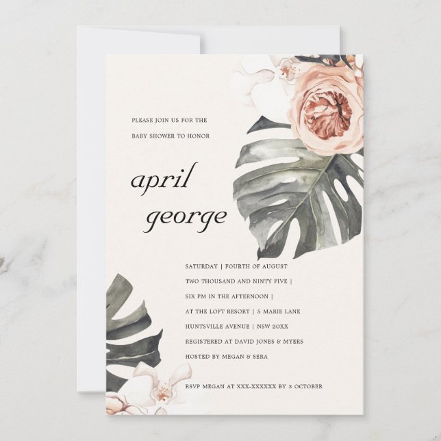 BOHO  RUST FLORA MONSTRERA BABY SHOWER INBJUDAN (Framsida)