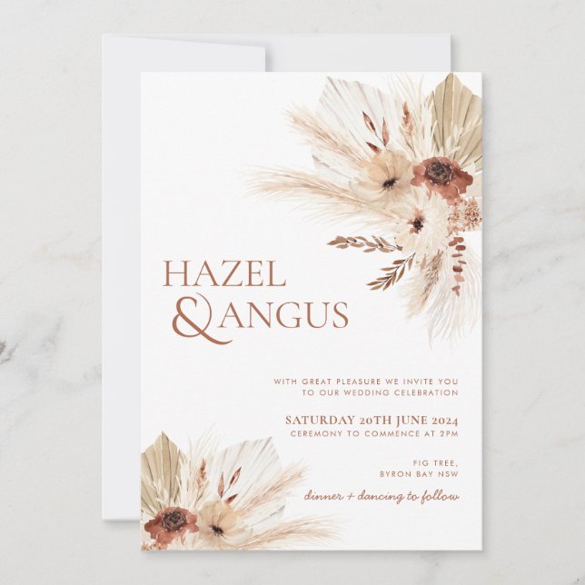 Boho Rust Flowers Pampas Wedding bjudande HAZEL Inbjudningar (Framsida)