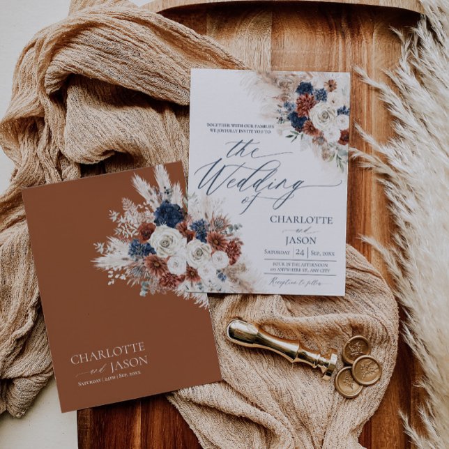 Boho Rust Navy Bröllopsinbjudan Kort (Boho Rust Navy Wedding Invitation Card | Fall Rustic Bohemain Terracotta Invite (Front and Back))