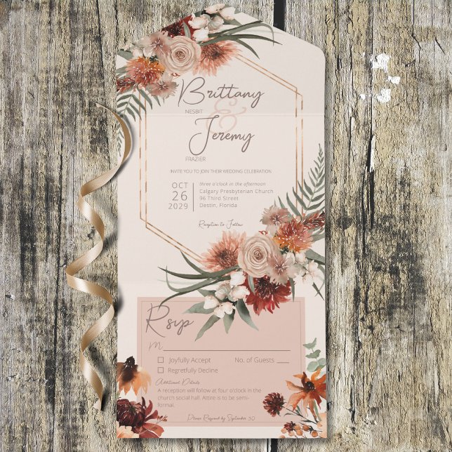 Boho Rust & Neutralt Fall Blommigt Cream med infor (Boho Rust & Neutral Fall Floral Cream w/ Details All In One Invitation)