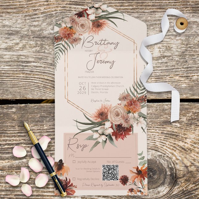Boho Rust & Neutralt Fall Blommigt Cream QR-kod (Skapare uppladdad)