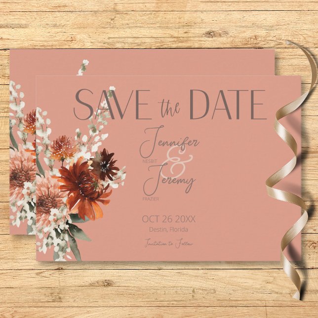 Boho Rust & Neutralt Fall Blommigt Peach Rust Bröl Spara Datumet (Boho Rust & Neutral Peach Rust Fall Floral Wedding Save the Date Card)
