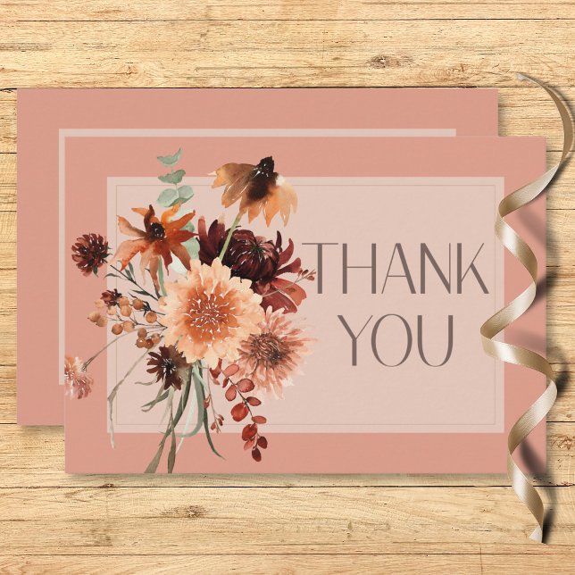 Boho Rust & Neutralt Fall Blommigt Peach Rust Bröl Tack Kort (Boho Rust & Neutral Fall Floral Peach Rust Wedding Thank You Card)