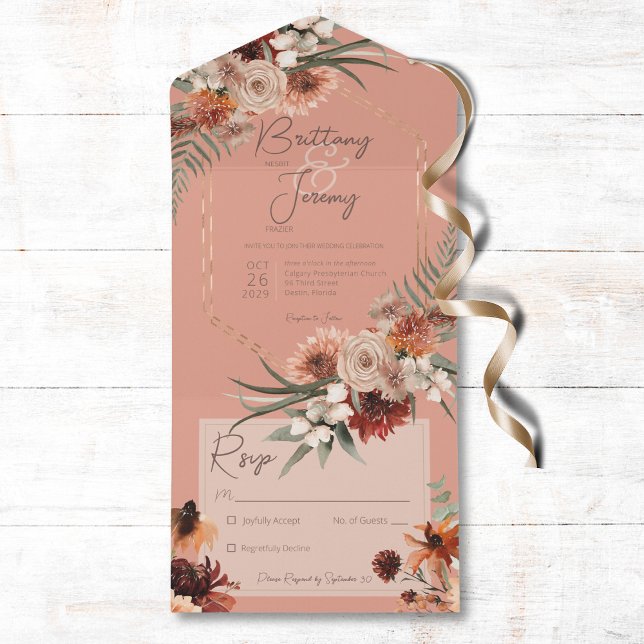 Boho Rust Neutralt Fall Blommigt Peach Rust No Din (Also available with a QR code or with dinner selection options.)