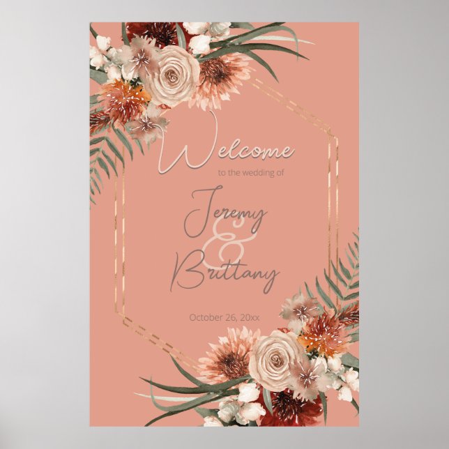 Boho Rust & Neutralt Fall Blommigt Peach Rust Ram Poster (Framsidan)