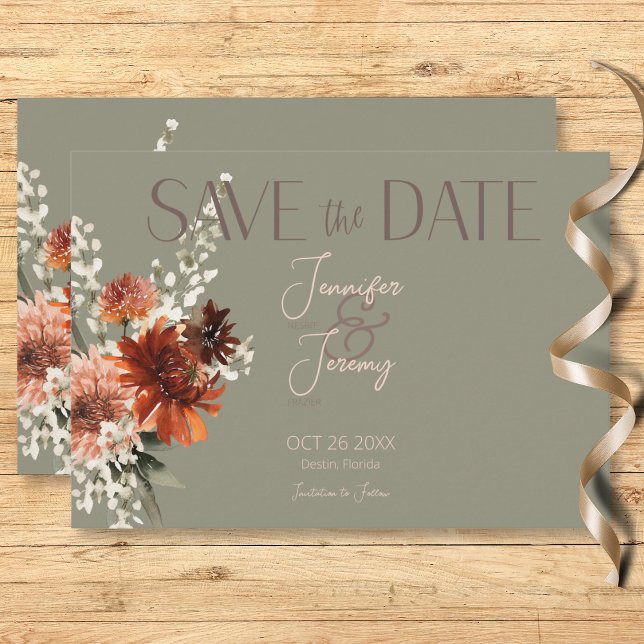 Boho Rust & Neutralt Fall Blommigt Sage Grönt Bröl Spara Datumet (Boho Rust & Neutral Fall Floral Sage Green Wedding Save The Date Card)