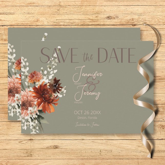 Boho Rust & Neutralt Fall Blommigt Sage Grönt Bröl Spara Datumet (Boho Rust & Neutral Fall Floral Sage Green Wedding Save The Date Card)