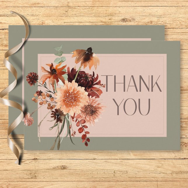 Boho Rust & Neutralt Fall Blommigt Sage Grönt Bröl Tack Kort (Boho Rust & Neutral Fall Floral Sage Green Wedding Thank You Card)