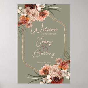 Boho Rust & Neutralt Fall Blommigt Sage Grönt Ram Poster