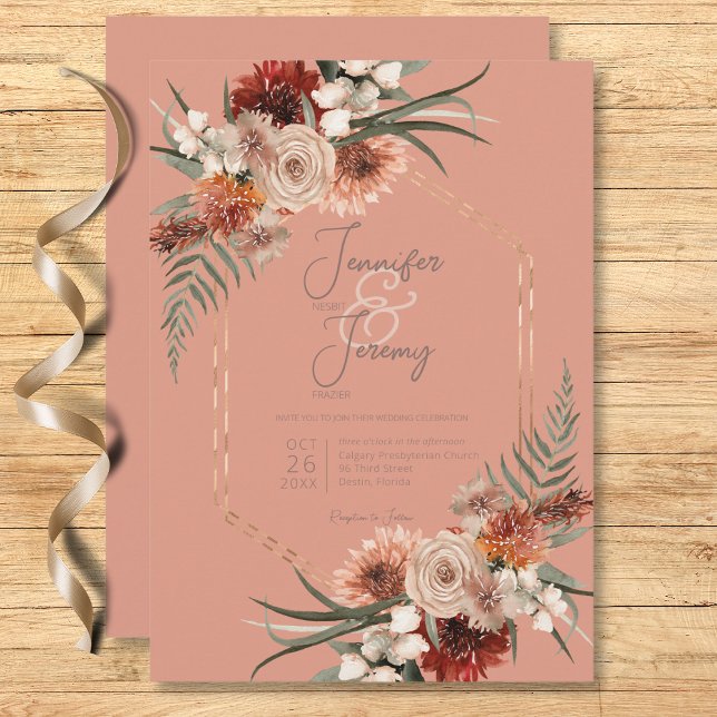 Boho Rust & Neutralt Peach Rust Fall Blommigt Bröl Inbjudningar (Boho Rust & Neutral Peach Rust Fall Floral Wedding Invitation)