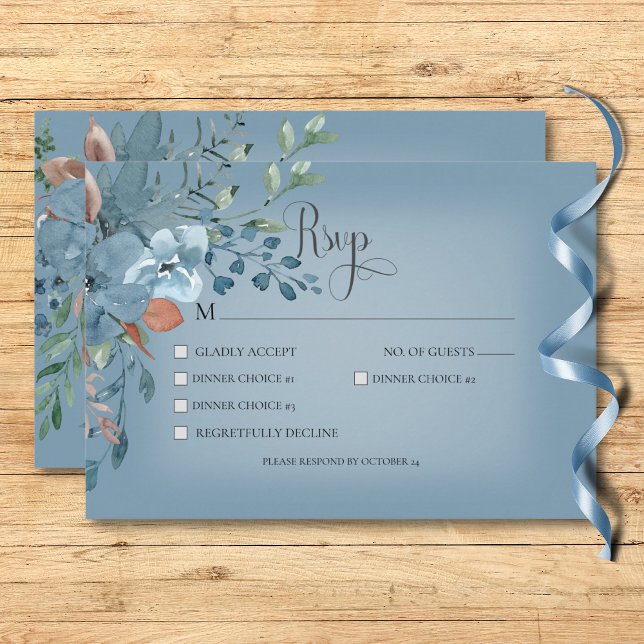 Boho Rust och Blue Blommigt Bröllop Blue Dinner OSA Kort (Boho Rust & Blue Floral Wedding Blue Dinner RSVP Card)