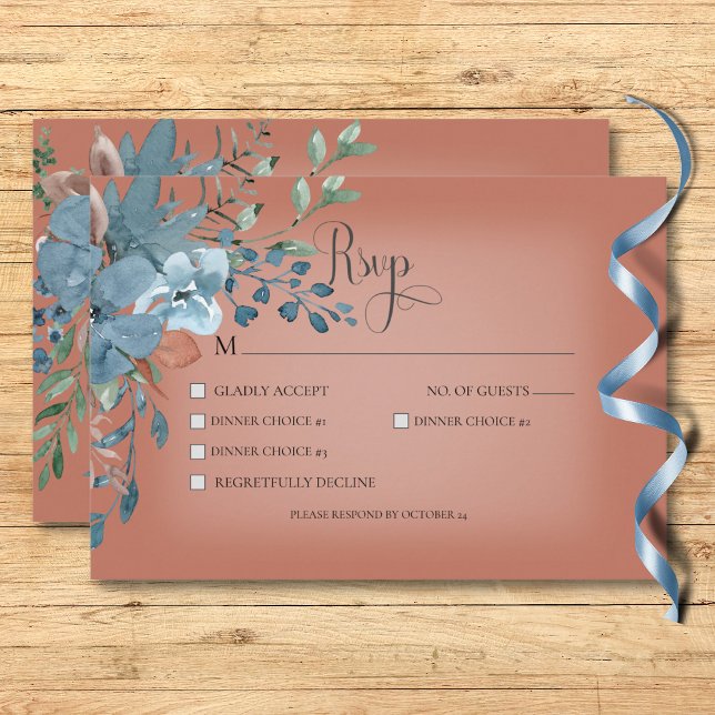 Boho Rust och Blue Blommigt Bröllop Rust Dinner OSA Kort (Boho Rust & Blue Floral Wedding Rust Dinner RSVP Card)