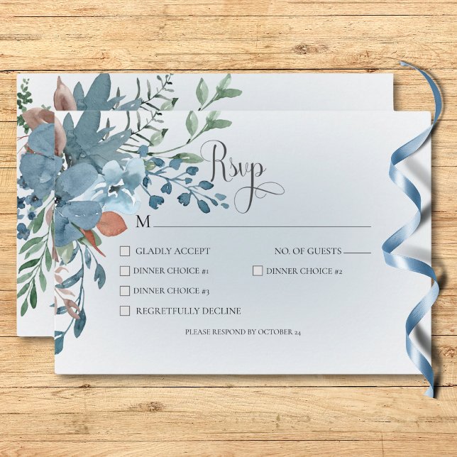 Boho Rust och Blue Blommigt Bröllop White Middag OSA Kort (Boho Rust & Blue Floral Wedding White Dinner RSVP Card)