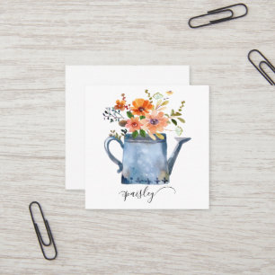 Boho Rust Orange Watercolor Flowers Watering Can Fyrkantigt Visitkort