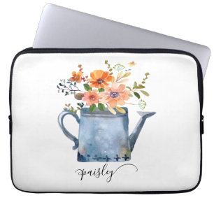 Boho Rust Orange Watercolor Flowers Watering Can Laptop Fodral