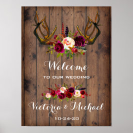 Boho Rustic Antler blommigt Bröllop Sign Poster
