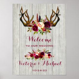 Boho Rustic Antler blommigt Bröllop Sign Poster