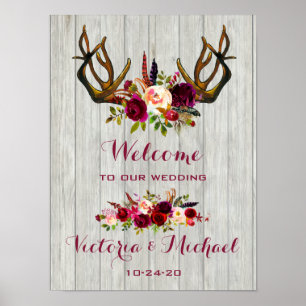 Boho Rustic Antler blommigt Bröllop Sign Poster