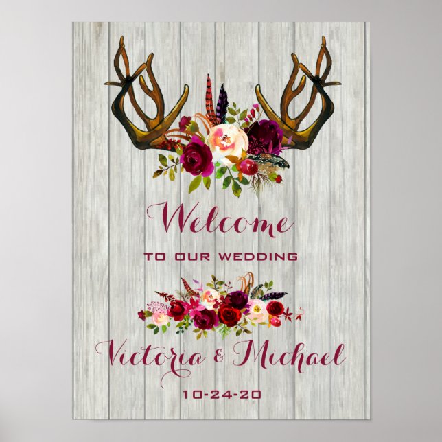 Boho Rustic Antler blommigt Bröllop Sign Poster (Framsidan)