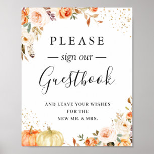Boho Rustic Autumn Blommigt Bröllop Guestbook-teck Poster