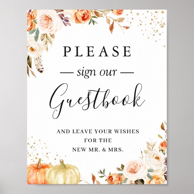 Boho Rustic Autumn Blommigt Bröllop Guestbook-teck Poster (Framsidan)
