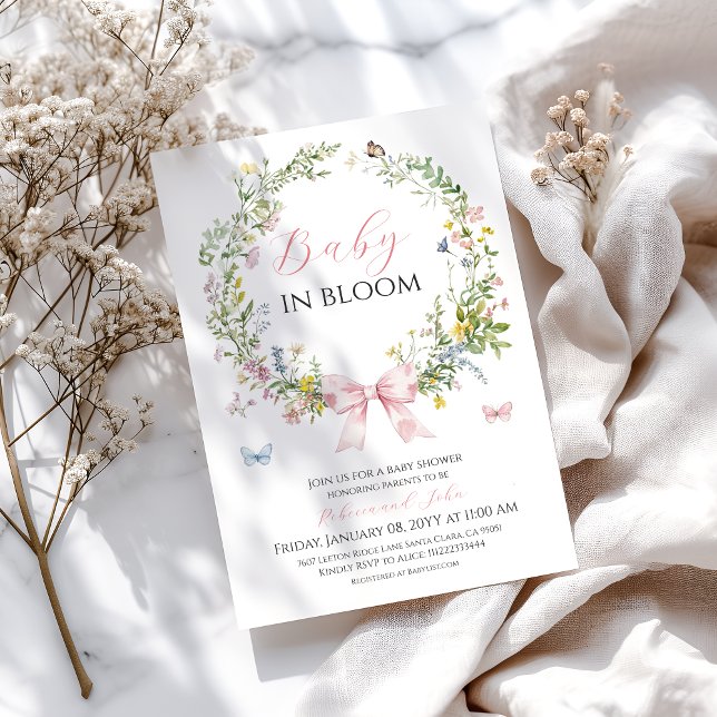 Boho Rustic Baby i Bloom Rosa Bow Baby Shower Inbjudningar (Skapare uppladdad)