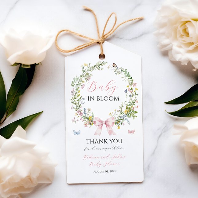 Boho Rustic Baby i Bloom Rosa Bow Baby Shower Presentetikett (Skapare uppladdad)