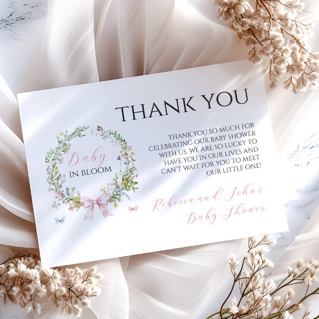 Boho Rustic Baby i Bloom Rosa Bow Baby Shower Tack Kort (Skapare uppladdad)