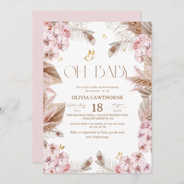 Boho Rustic Baby Shower Invitation Inbjudningar (Fram/baksida)