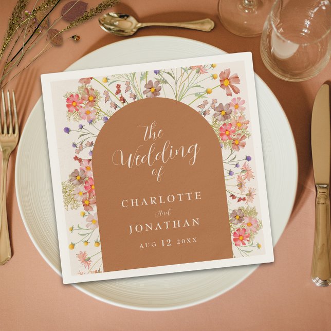 Boho Rustic Blommigt Arch Fall Wedding Pappersservett (Boho rustic floral fall terracotta burnt orange custom Wedding napkins watercolor wildflowers script)